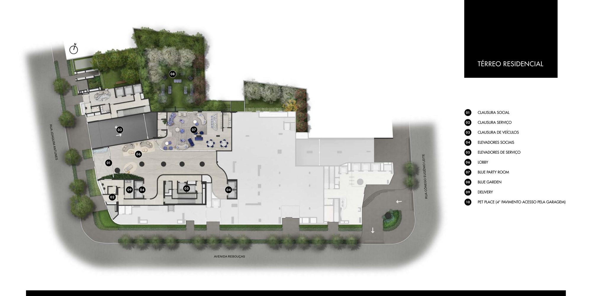 Implantação ilustrada do térreo residencial com legenda dos ambientes