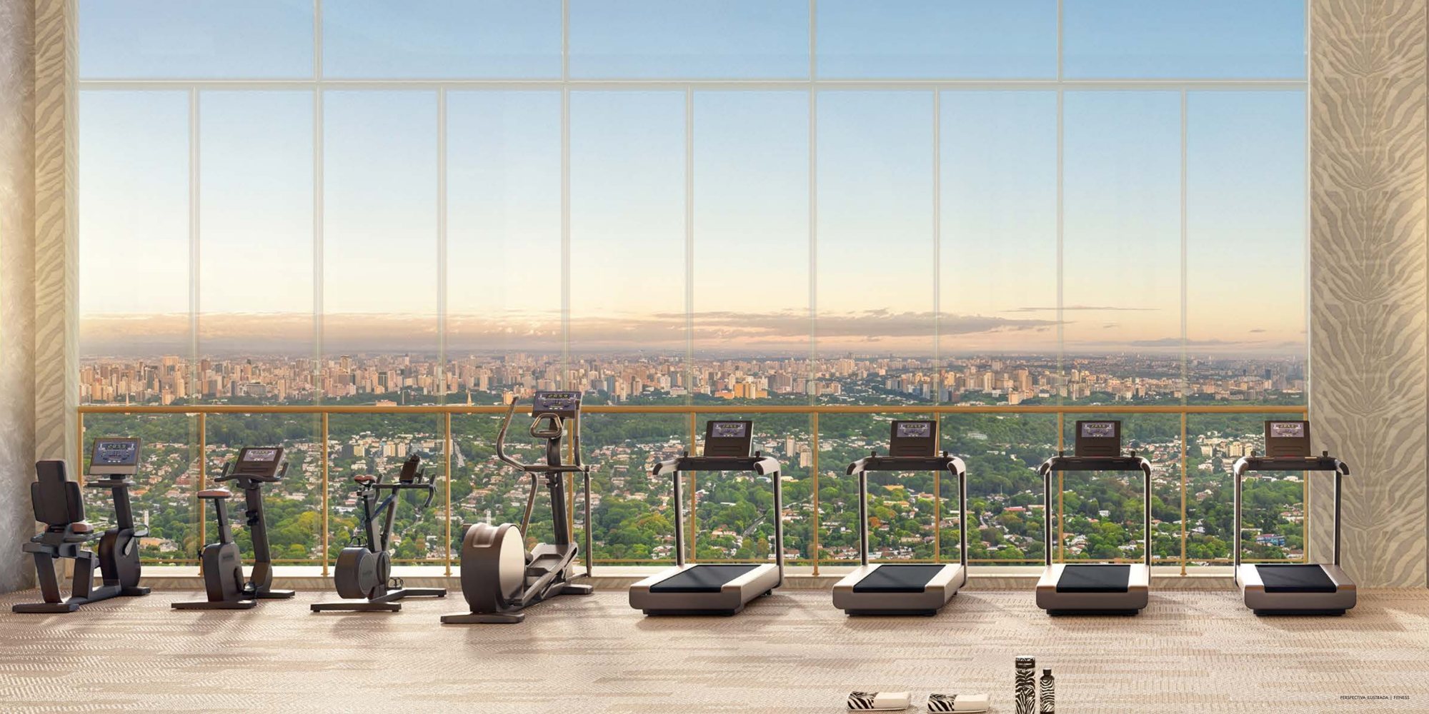 Perspectiva ilustrada do fitness com equipamentos e janelas amplas