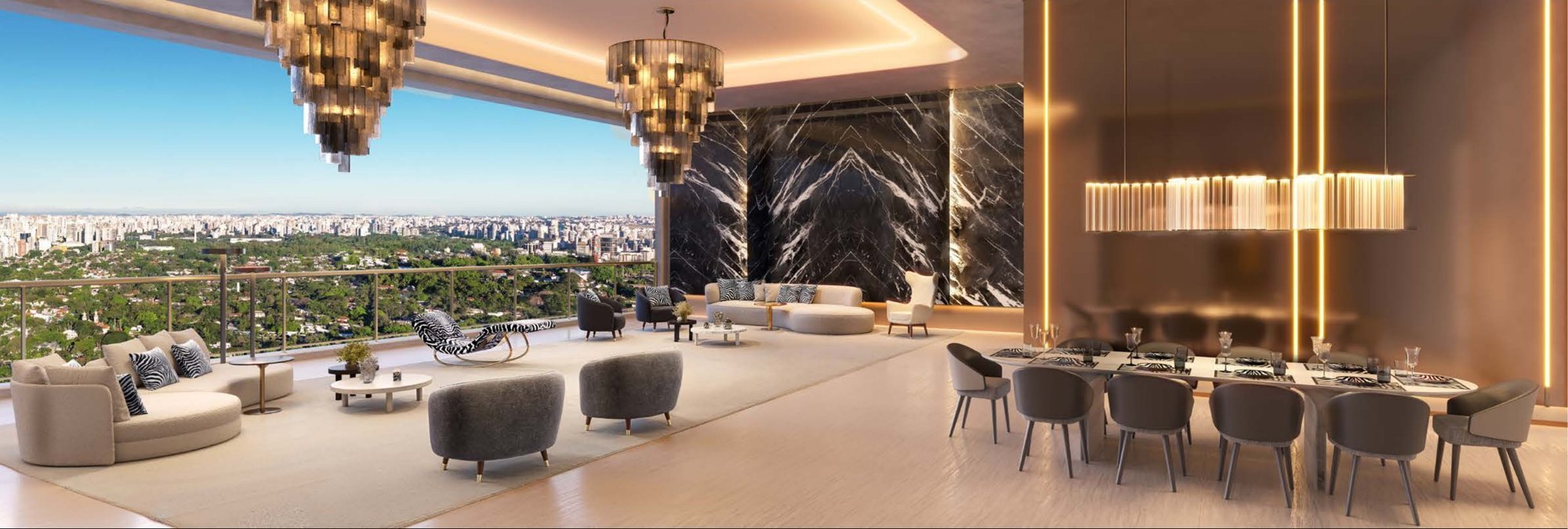 Perspectiva ilustrada do living e jantar da planta padrão de 279,30 m²