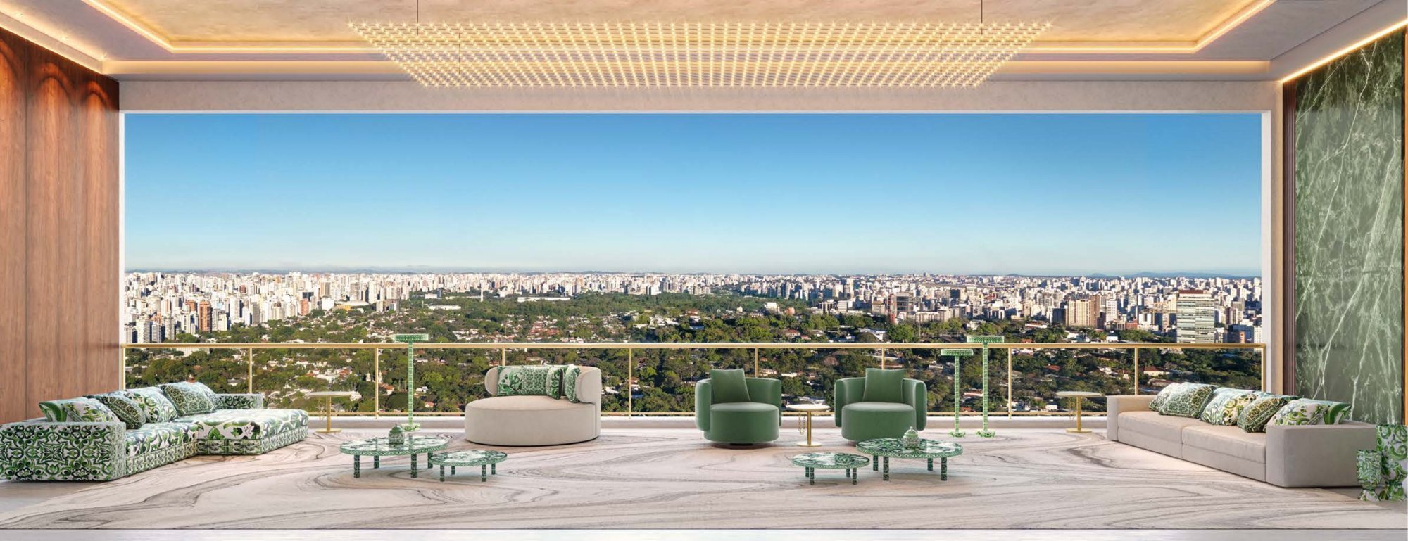 Perspectiva ilustrada do living da planta padrão de 246,80 m² com vista panorâmica
