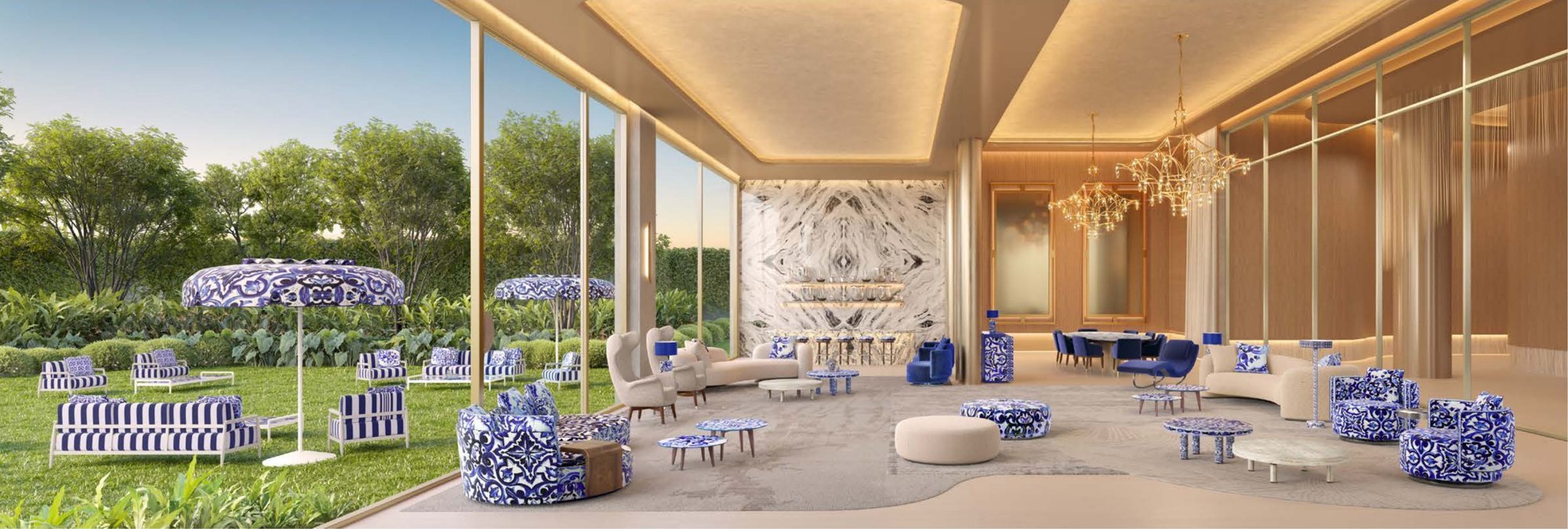 Perspectiva ilustrada da Blue Party Room com vista para o jardim