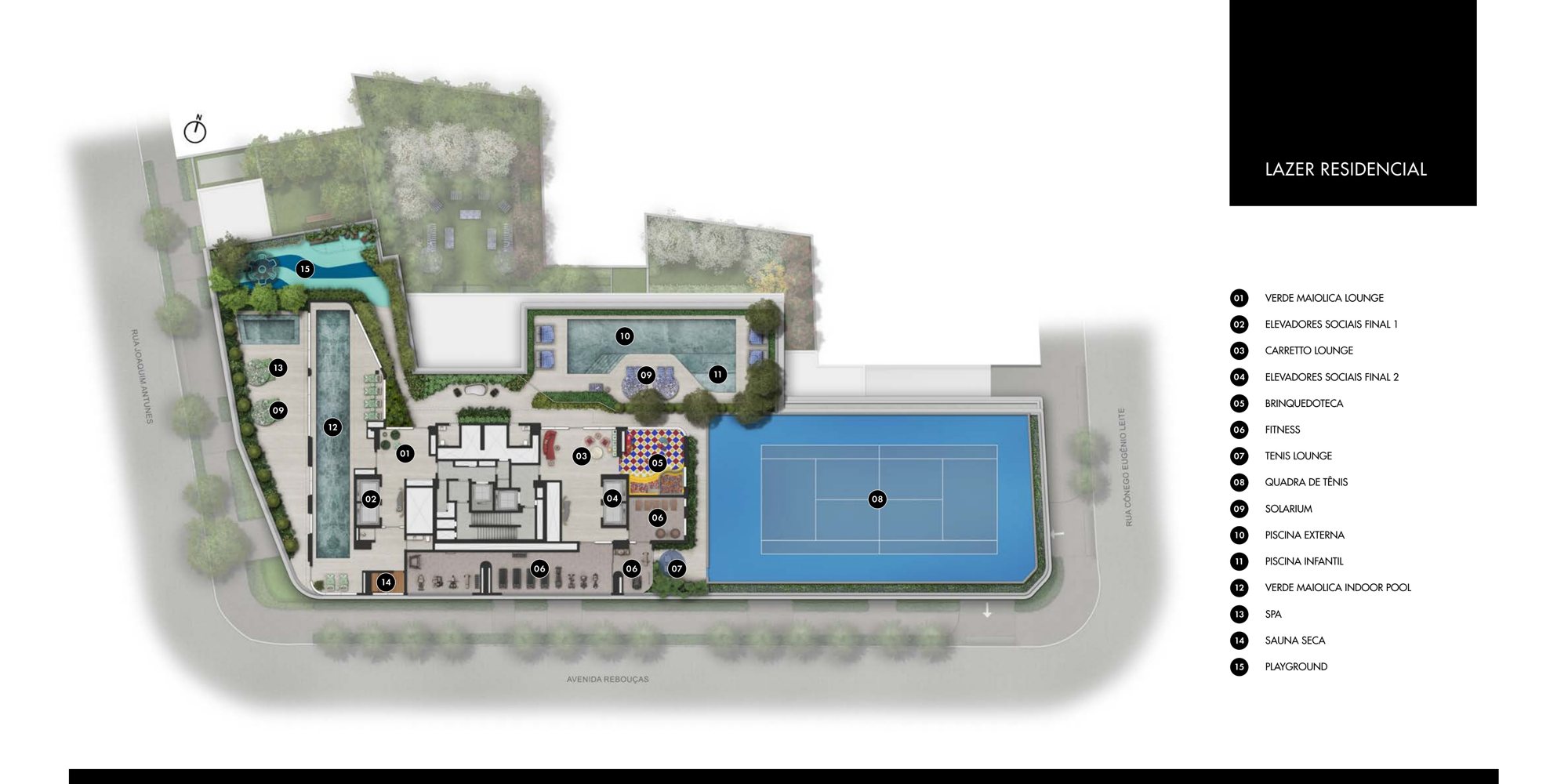 Implantação ilustrada do lazer residencial no 13º pavimento com legenda