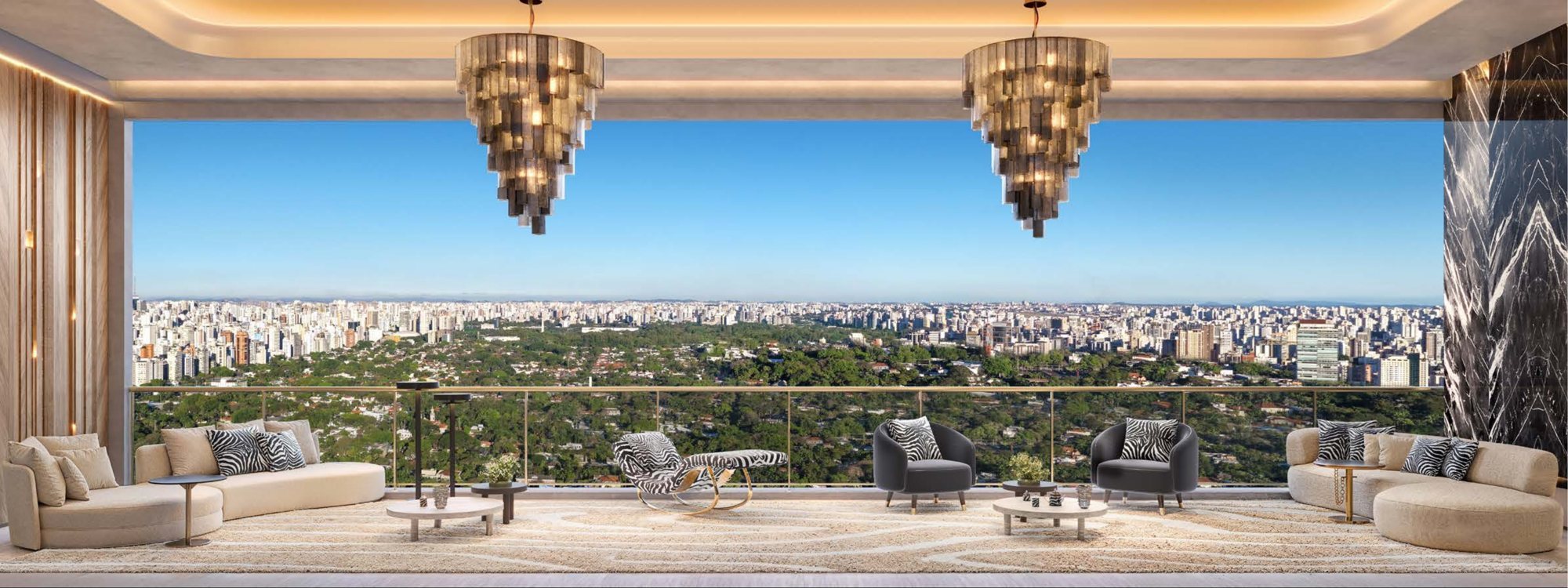 Perspectiva ilustrada do living da planta padrão de 279,30 m² com lustres