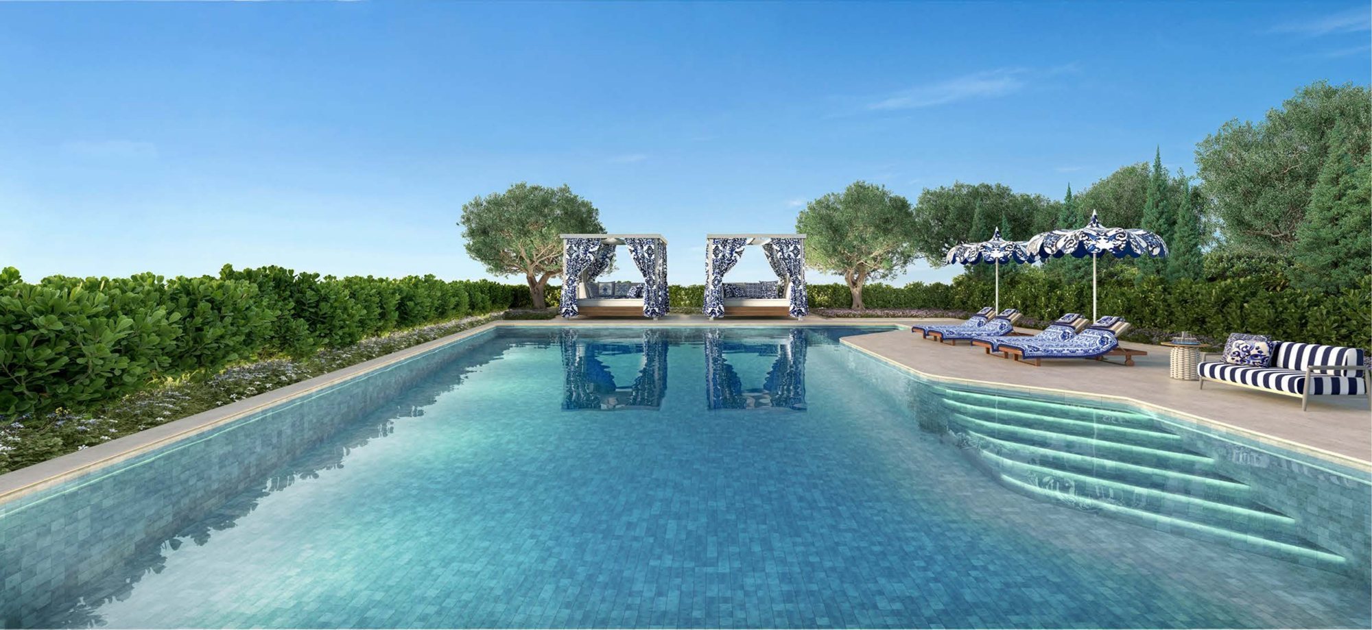 Perspectiva ilustrada da piscina externa com espreguiçadeiras